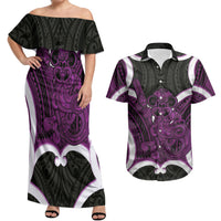 Waiporoporo Aotearoa Atua Tumatauenga Personalised Couples Matching Off Shoulder Maxi Dress and Hawaiian Shirt Maori God Of War Tiki With Taiaha LT14 Purple - Polynesian Pride