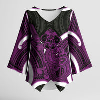 Waiporoporo Aotearoa Atua Tumatauenga Personalised Kimono Sleeve Blouse Maori God Of War Tiki With Taiaha LT14 Female Purple - Polynesian Pride