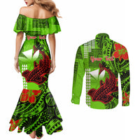 Personalised Hawaii Christmas Couples Matching Mermaid Dress and Long Sleeve Button Shirts Mele Kalikimaka Kakau Polynesian Shark Tattoo LT14 - Polynesian Pride