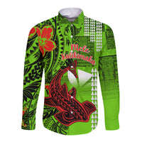 Personalised Hawaii Christmas Long Sleeve Button Shirt Mele Kalikimaka Kakau Polynesian Shark Tattoo LT14 Unisex Green - Polynesian Pride