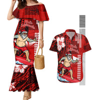 Personalised Hawaii Christmas Couples Matching Mermaid Dress and Hawaiian Shirt Mele Kalikimaka Surfing Santa Claus LT14 Red - Polynesian Pride