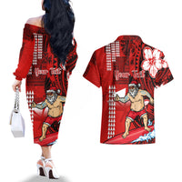 Personalised Hawaii Christmas Couples Matching Off The Shoulder Long Sleeve Dress and Hawaiian Shirt Mele Kalikimaka Surfing Santa Claus LT14 - Polynesian Pride