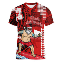 Personalised Hawaii Christmas Women V Neck T Shirt Mele Kalikimaka Surfing Santa Claus LT14 Female Red - Polynesian Pride