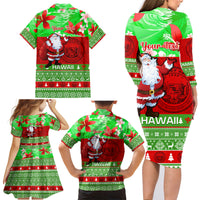 Personalised Hawaii Christmas Family Matching Long Sleeve Bodycon Dress and Hawaiian Shirt Mele Kalikimaka Hawaiian Santa Tropical Vibes LT14 - Polynesian Pride