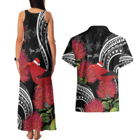 Personalized Mele Kalikimaka Hawaii Couples Matching Tank Maxi Dress and Hawaiian Shirt I'iwi Bird With Ohia Lehua - Black Color