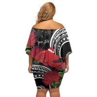 Personalized Mele Kalikimaka Hawaii Family Matching Off Shoulder Short Dress and Hawaiian Shirt I'iwi Bird With Ohia Lehua - Black Color