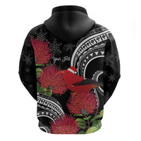 Personalized Mele Kalikimaka Hawaii Zip Hoodie I'iwi Bird With Ohia Lehua - Black Color