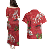 Personalized Mele Kalikimaka Hawaii Couples Matching Puletasi and Hawaiian Shirt I'iwi Bird With Ohia Lehua - Red Color