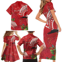 Personalized Mele Kalikimaka Hawaii Family Matching Short Sleeve Bodycon Dress and Hawaiian Shirt I'iwi Bird With Ohia Lehua - Red Color