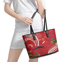 Personalized Mele Kalikimaka Hawaii Leather Tote Bag I'iwi Bird With Ohia Lehua - Red Color