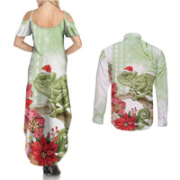 Pastel Green Hawaii Chameleon Christmas Couples Matching Summer Maxi Dress and Long Sleeve Button Shirt Mele Kalikimaka Kakau - Watercolor
