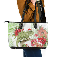 Pastel Green Hawaii Chameleon Christmas Leather Tote Bag Mele Kalikimaka Kakau - Watercolor