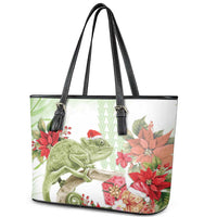 Pastel Green Hawaii Chameleon Christmas Leather Tote Bag Mele Kalikimaka Kakau - Watercolor