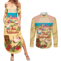 Aloha Hawaii Mele Kalikimaka Couples Matching Summer Maxi Dress and Long Sleeve Button Shirt Beachy Funny Santa Hawaiian Lei - Polynesian Pride