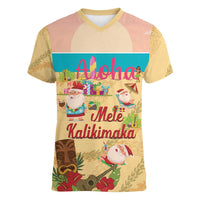 Aloha Hawaii Mele Kalikimaka Women V-Neck T-Shirt Beachy Funny Santa Hawaiian Lei - Polynesian Pride