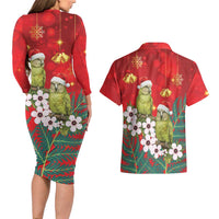 New Zealand Kakapo Christmas Couples Matching Long Sleeve Bodycon Dress and Hawaiian Shirt Owl Parrot Santa Sliver Fern Manuka - Red - Polynesian Pride