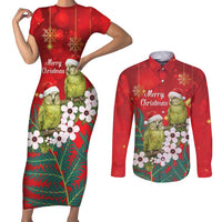 New Zealand Kakapo Christmas Couples Matching Short Sleeve Bodycon Dress and Long Sleeve Button Shirt Owl Parrot Santa Sliver Fern Manuka - Red - Polynesian Pride