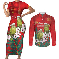 New Zealand Kakapo Christmas Couples Matching Short Sleeve Bodycon Dress and Long Sleeve Button Shirt Owl Parrot Santa Sliver Fern Manuka - Red - Polynesian Pride