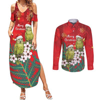 New Zealand Kakapo Christmas Couples Matching Summer Maxi Dress and Long Sleeve Button Shirt Owl Parrot Santa Sliver Fern Manuka - Red - Polynesian Pride