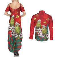 New Zealand Kakapo Christmas Couples Matching Summer Maxi Dress and Long Sleeve Button Shirt Owl Parrot Santa Sliver Fern Manuka - Red - Polynesian Pride
