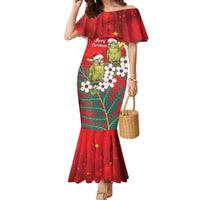 New Zealand Kakapo Christmas Family Matching Mermaid Dress and Hawaiian Shirt Owl Parrot Santa Sliver Fern Manuka - Red - Polynesian Pride