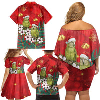 New Zealand Kakapo Christmas Family Matching Off Shoulder Short Dress and Hawaiian Shirt Owl Parrot Santa Sliver Fern Manuka - Red - Polynesian Pride