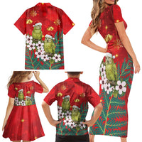 New Zealand Kakapo Christmas Family Matching Short Sleeve Bodycon Dress and Hawaiian Shirt Owl Parrot Santa Sliver Fern Manuka - Red - Polynesian Pride
