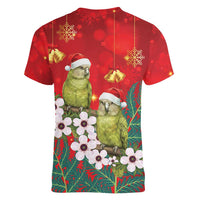 New Zealand Kakapo Christmas Women V-Neck T-Shirt Owl Parrot Santa Sliver Fern Manuka - Red - Polynesian Pride