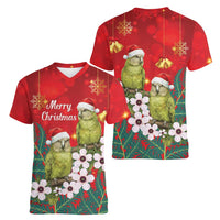 New Zealand Kakapo Christmas Women V-Neck T-Shirt Owl Parrot Santa Sliver Fern Manuka - Red - Polynesian Pride
