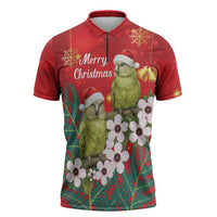 New Zealand Kakapo Christmas Zipper Polo Shirt Owl Parrot Santa Sliver Fern Manuka - Red - Polynesian Pride