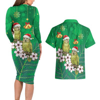 New Zealand Kakapo Christmas Couples Matching Long Sleeve Bodycon Dress and Hawaiian Shirt Owl Parrot Santa Sliver Fern Manuka - Green - Polynesian Pride