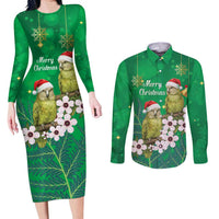 New Zealand Kakapo Christmas Couples Matching Long Sleeve Bodycon Dress and Long Sleeve Button Shirt Owl Parrot Santa Sliver Fern Manuka - Green - Polynesian Pride