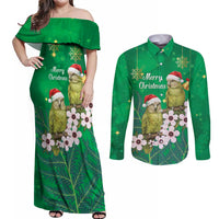 New Zealand Kakapo Christmas Couples Matching Off Shoulder Maxi Dress and Long Sleeve Button Shirt Owl Parrot Santa Sliver Fern Manuka - Green - Polynesian Pride
