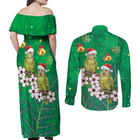 New Zealand Kakapo Christmas Couples Matching Off Shoulder Maxi Dress and Long Sleeve Button Shirt Owl Parrot Santa Sliver Fern Manuka - Green - Polynesian Pride