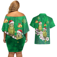 New Zealand Kakapo Christmas Couples Matching Off Shoulder Short Dress and Hawaiian Shirt Owl Parrot Santa Sliver Fern Manuka - Green - Polynesian Pride