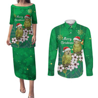 New Zealand Kakapo Christmas Couples Matching Puletasi and Long Sleeve Button Shirt Owl Parrot Santa Sliver Fern Manuka - Green - Polynesian Pride