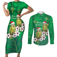 New Zealand Kakapo Christmas Couples Matching Short Sleeve Bodycon Dress and Long Sleeve Button Shirt Owl Parrot Santa Sliver Fern Manuka - Green - Polynesian Pride