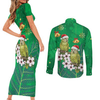 New Zealand Kakapo Christmas Couples Matching Short Sleeve Bodycon Dress and Long Sleeve Button Shirt Owl Parrot Santa Sliver Fern Manuka - Green - Polynesian Pride