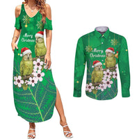 New Zealand Kakapo Christmas Couples Matching Summer Maxi Dress and Long Sleeve Button Shirt Owl Parrot Santa Sliver Fern Manuka - Green - Polynesian Pride
