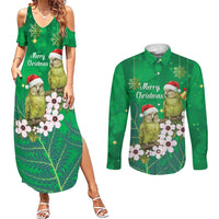 New Zealand Kakapo Christmas Couples Matching Summer Maxi Dress and Long Sleeve Button Shirt Owl Parrot Santa Sliver Fern Manuka - Green - Polynesian Pride