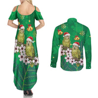 New Zealand Kakapo Christmas Couples Matching Summer Maxi Dress and Long Sleeve Button Shirt Owl Parrot Santa Sliver Fern Manuka - Green - Polynesian Pride
