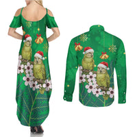 New Zealand Kakapo Christmas Couples Matching Summer Maxi Dress and Long Sleeve Button Shirt Owl Parrot Santa Sliver Fern Manuka - Green - Polynesian Pride