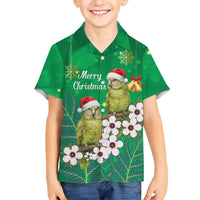 New Zealand Kakapo Christmas Family Matching Off Shoulder Maxi Dress and Hawaiian Shirt Owl Parrot Santa Sliver Fern Manuka - Green - Polynesian Pride