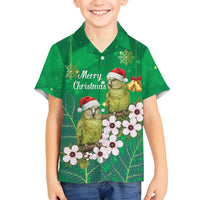 New Zealand Kakapo Christmas Family Matching Off Shoulder Short Dress and Hawaiian Shirt Owl Parrot Santa Sliver Fern Manuka - Green - Polynesian Pride