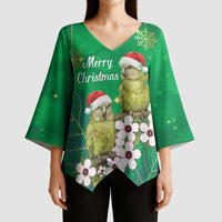New Zealand Kakapo Christmas Kimono Sleeve Blouse Owl Parrot Santa Sliver Fern Manuka - Green - Polynesian Pride