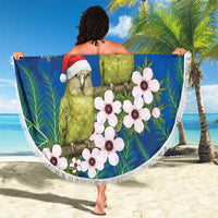 New Zealand Kakapo Christmas Beach Blanket Owl Parrot Santa Sliver Fern Manuka - Blue - Polynesian Pride