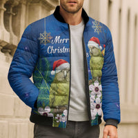 New Zealand Kakapo Christmas Bomber Puffer Jacket Owl Parrot Santa Sliver Fern Manuka - Blue - Polynesian Pride