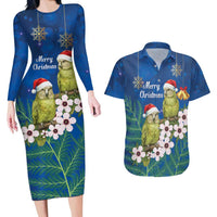 New Zealand Kakapo Christmas Couples Matching Long Sleeve Bodycon Dress and Hawaiian Shirt Owl Parrot Santa Sliver Fern Manuka - Blue - Polynesian Pride