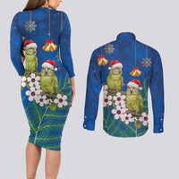 New Zealand Kakapo Christmas Couples Matching Long Sleeve Bodycon Dress and Long Sleeve Button Shirt Owl Parrot Santa Sliver Fern Manuka - Blue - Polynesian Pride
