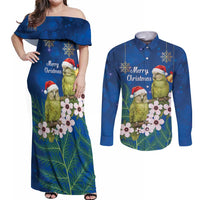 New Zealand Kakapo Christmas Couples Matching Off Shoulder Maxi Dress and Long Sleeve Button Shirt Owl Parrot Santa Sliver Fern Manuka - Blue - Polynesian Pride